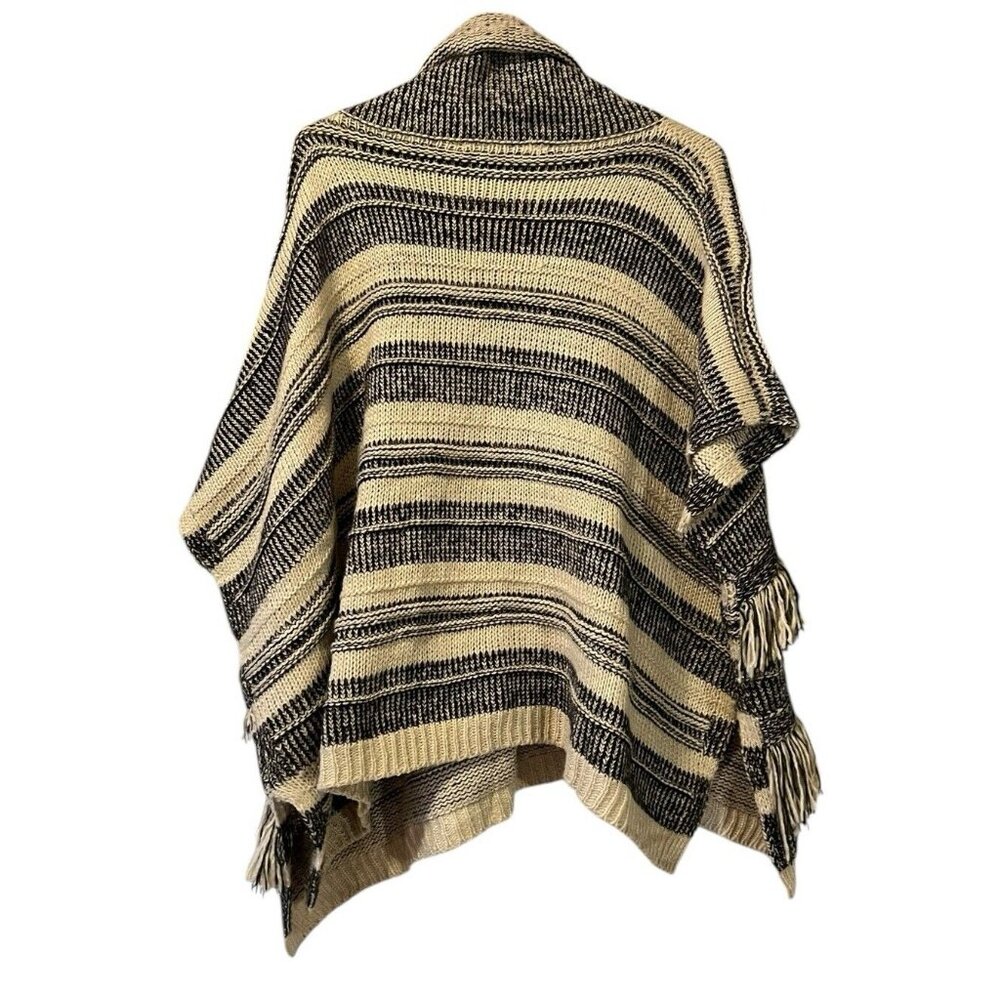 Linda Anderson Poncho Women's OS Striped Fringe Sweater Boho Western Aztec - Picture 2 of 10